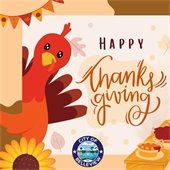 happy thanksgiving graphic with a turkey and the city seal.